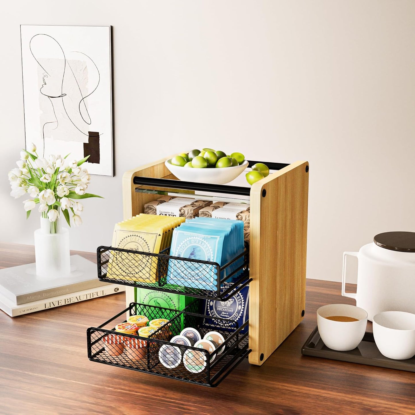 Tea Bag Organizer, Tea Organizer and Storage with Drawers, Tea Box for Tea Bags, Wooden Tea Bag Holder for Kitchen, Countertop, Office, Tea Station (Natural Wood)