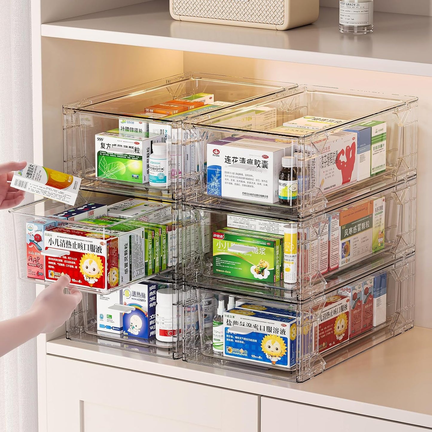 clear Drawer-Type Plastic Storage Box Bins Organizer，Family First Aid Kits Medicine cabinet Box Organizer,Closet ，Shelf，Ointments, Adhesive Bandages，Cosmetics,Office Items (clear, ZZ4L)