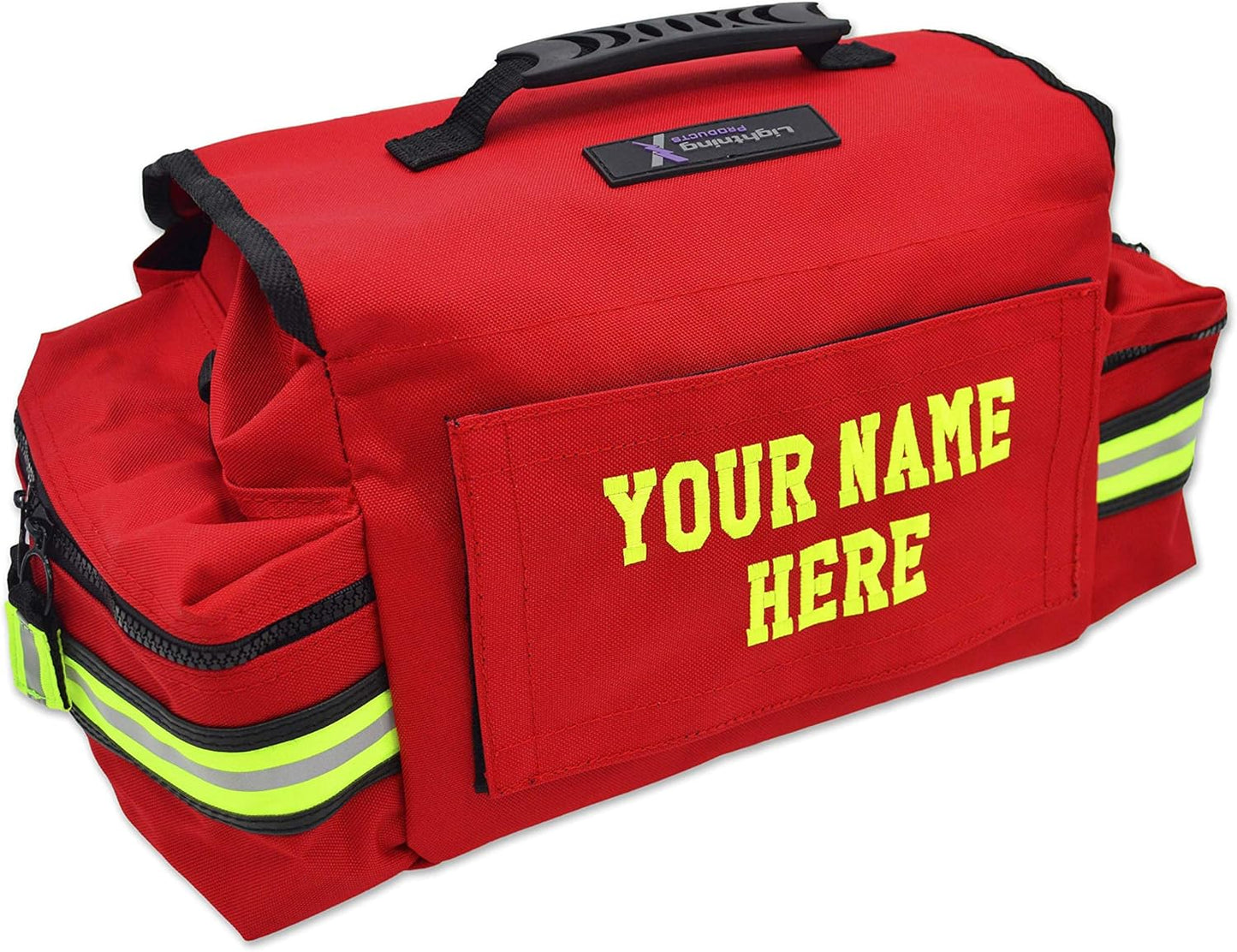 Lightning X Personalized First Responder EMT EMS Trauma Bag w/Stocked First Aid Fill Kit B & Custom Embroidered Name Patch (Red)