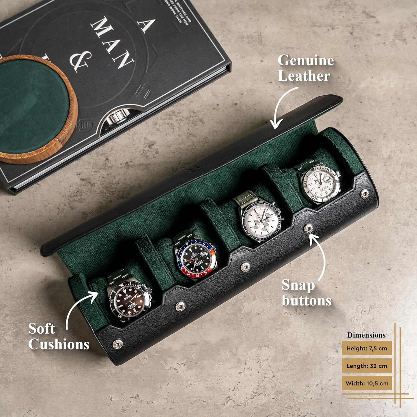DailyWatch | Watch Roll Travel Case For 4 Watch | Luxury Watch Case In Genuine Black Leather With Soft Velvet Interior | Watch Case Protect, Store, & Display Your Watches | Black Green