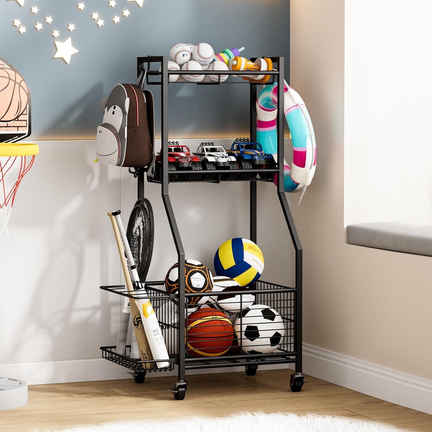 Sports Equipment & Toy Storage Rack with Wheels, 3-Tier Ball Organizer for Balls, Rackets & Sports Gear, Large Capacity with Racket Slots & Hooks, for Garage, Home Gym or Backyard – 17" W
