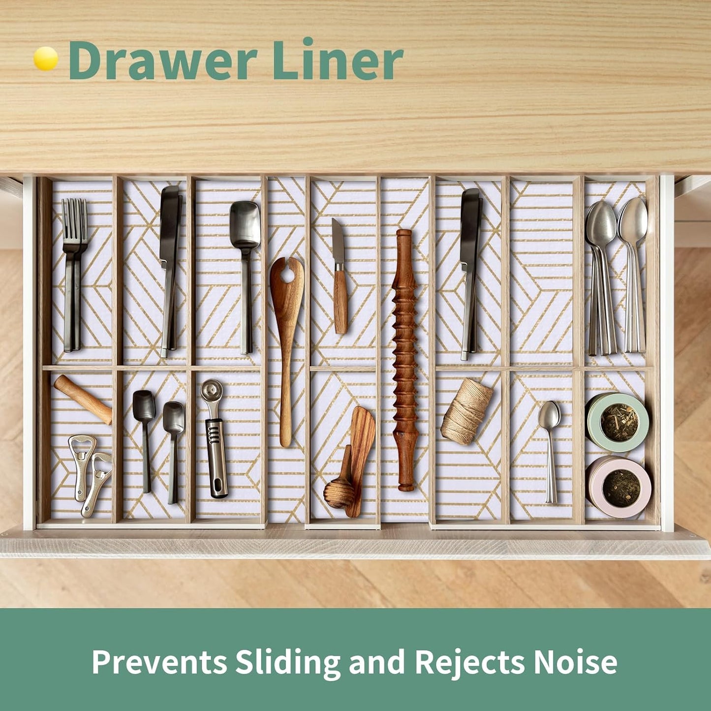 Shelf Liners for Kitchen Cabinets 17.3in x 49.21FT, Non Adhesive Cabinet Liner Strong Non-Slip Thickened Gold Geometric Drawer Liner, Easy to Clean for Shelf, Cabinet with Knife and Tape Measure