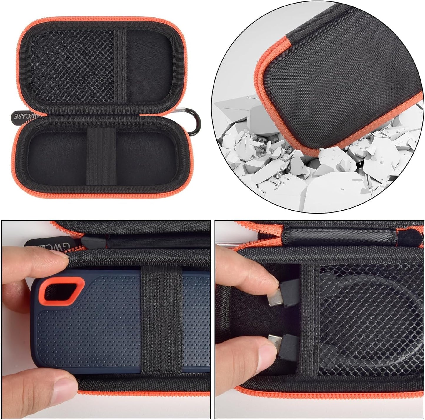 Hard Case Compatible with SanDisk 1TB 2TB 4TB 500GB 8TB Extreme Portable SSD - Up to 1050MB/s - External Solid State Drive. Carrying Travel Holder for USB Cables -Black and Orange Zipper (Bag Only)