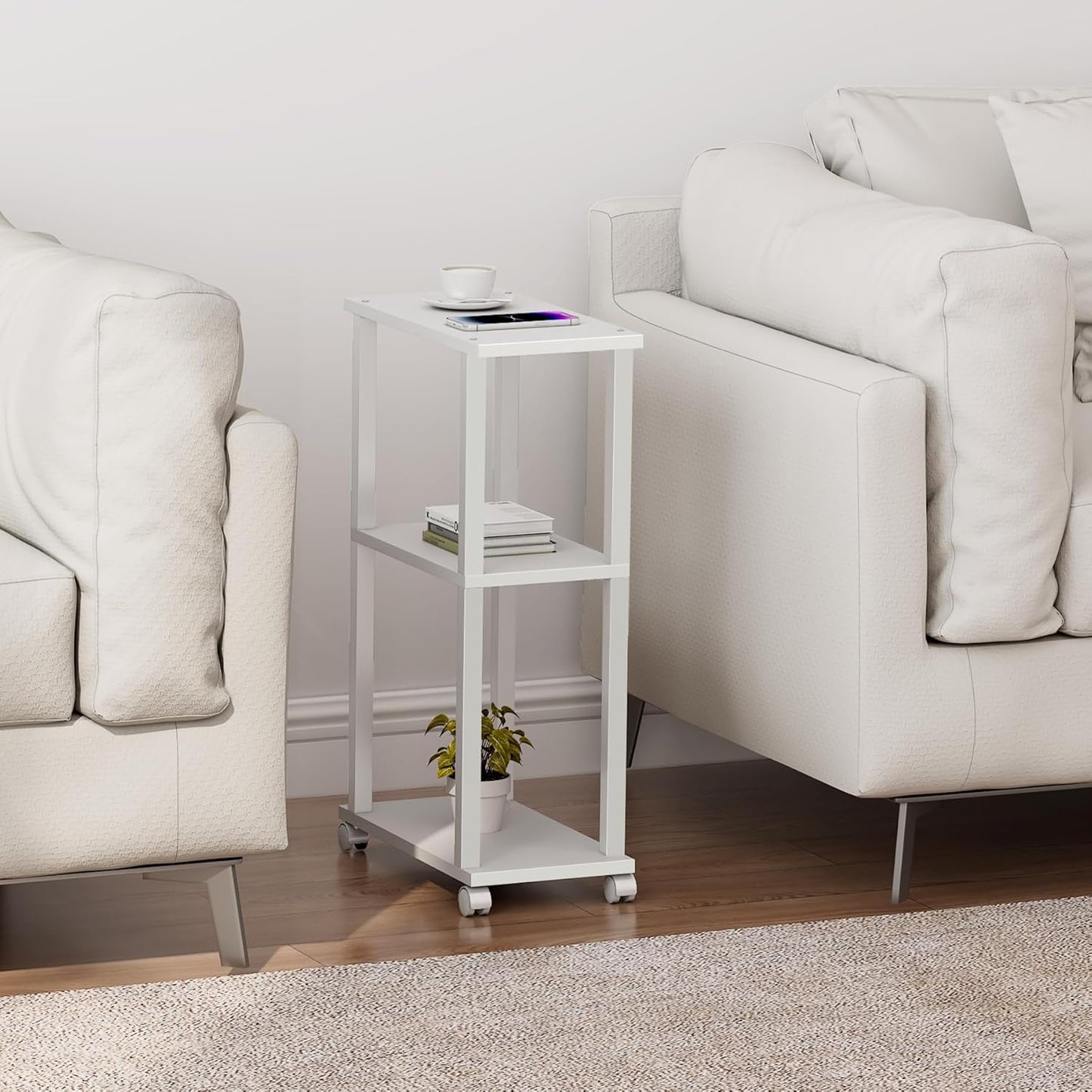 TUTOTAK Small Side Table, Narrow End Table, Bedside Table, Couch Side Table with Wheels for Living Room or Bedroom, White TB01BW061