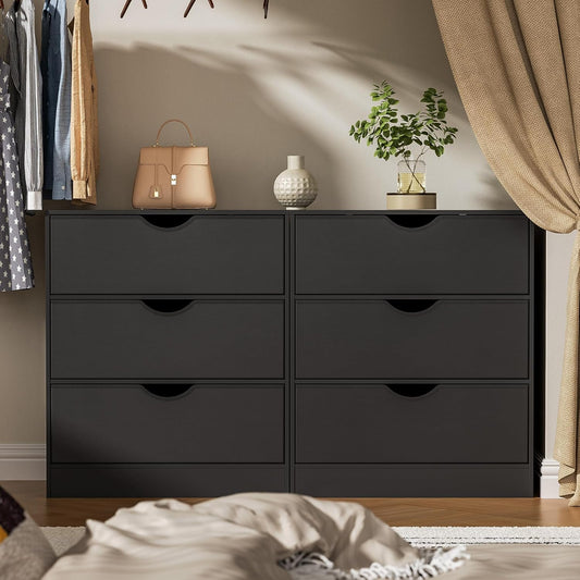 3 Drawers Dresser (Set of 2) for Bedroom, Fabric PU 6 Drawer with Wood Frame, Black Dresser with Large Organizer, Chest of Drawers for Closet, Living Room, Hallway, Black