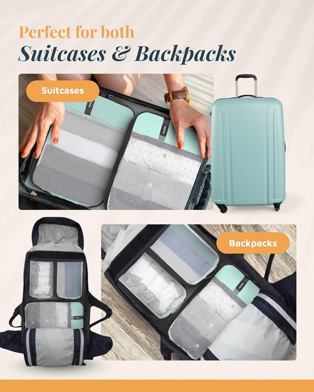 Compression Packing Cubes for Travel by TRIPPED – 6-Piece Premium Set with Laundry & Shoe Bag, Space Saving Travel Organizer Bags for Suitcase & Carry-On Luggage (Dusty Teal Mesh)