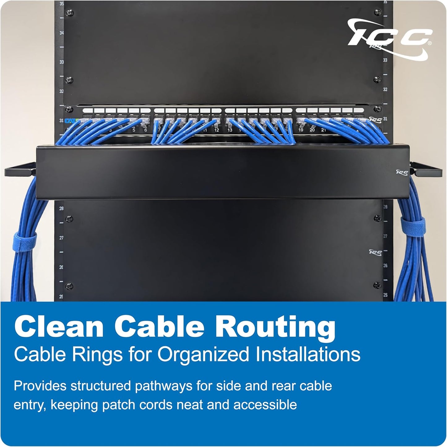 ICC 2U Ring Cable Manager Panel with Cover, Metal, 3" D-Rings, Horizontal and Vertical Cable Management, Rackmount for 19” Network Racks, Black, Single Pack