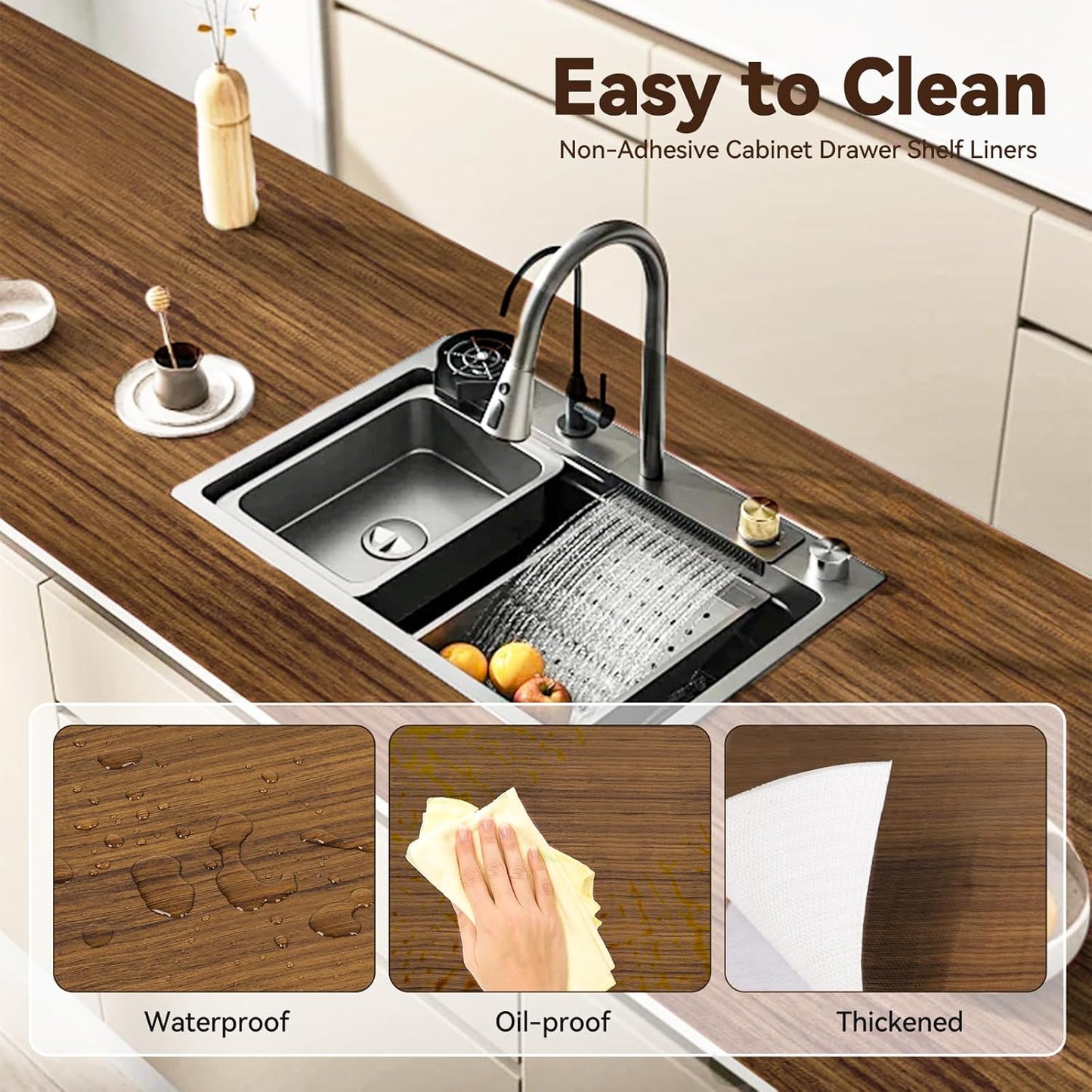 Drawer Shelf Liner for Kitchen Cabinets, Non Adhesive Slip Resistant Shelf Paper Easy to Clean, Strong Grip Thickened Waterproof Washable Mats for Pantry Shelves, Cupboard, Wood Grain, 12 in x 10 FT