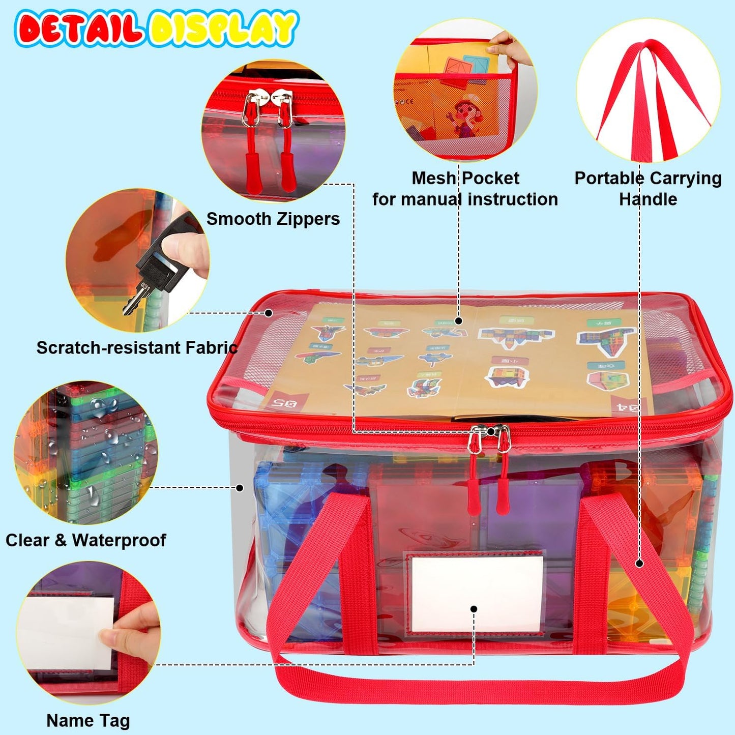 4 Pack Magnetic Tiles Storage Bag with Manual Pocket& Name Tag, Whole Clear PVC Magnetictiles Organizer Case for Magnetic Tiles, Building Blocks, Toy Cars, Board Game, Puzzle (Colorful)
