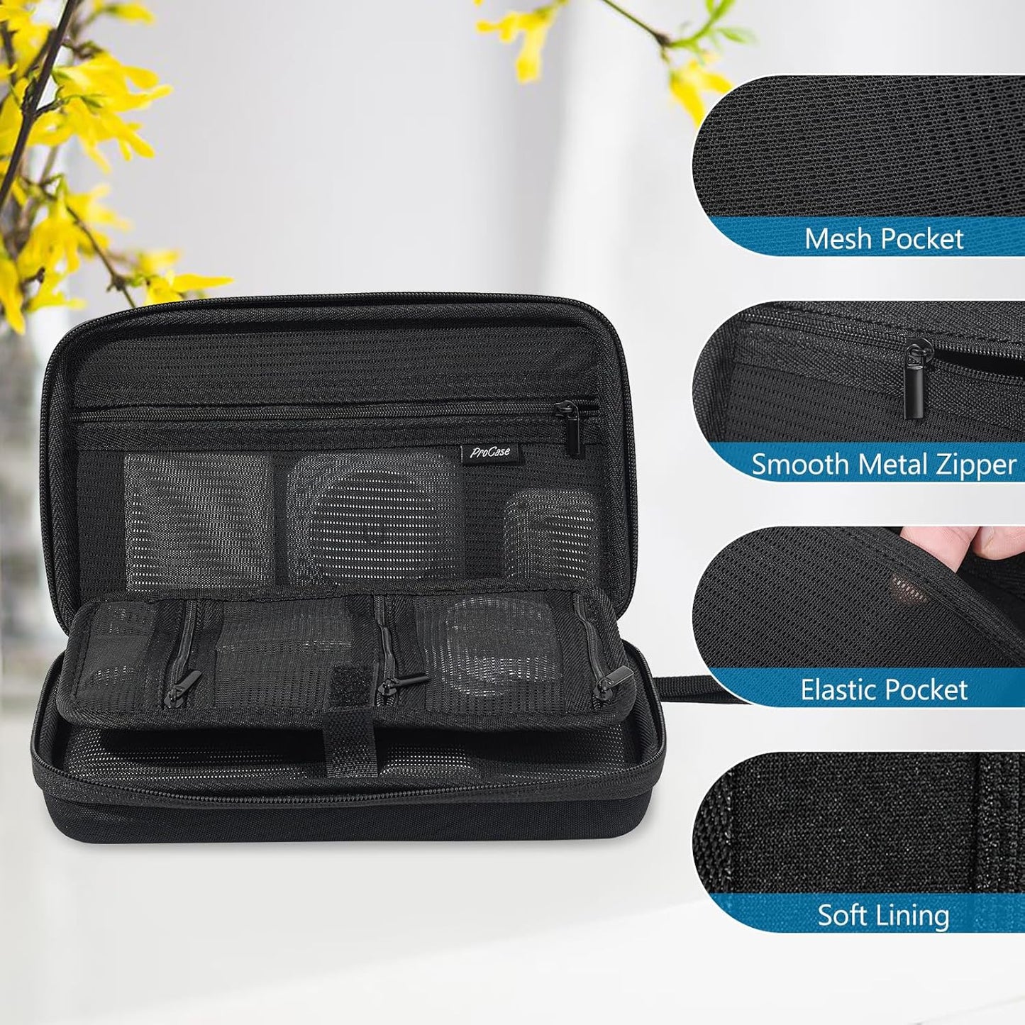 ProCase Large Hard Travel Electronic Organizer Case for MacBook Power Adapter Chargers Cables Tech Organizer Hard Drive USB Flash Disk SD Card Portable Electronics Accessories Bag -Black