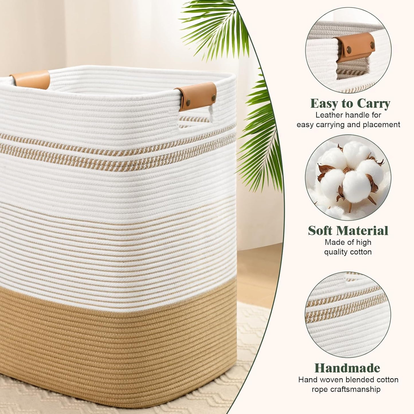 Laundry Hamper, 75L Tall Laundry Basket with Leather Handles, Rectangle Large Clothes Hamper for Organizing, Cotton Woven Laundry Baskets Storage Hampers for Bedroom, Nursery, Living Room