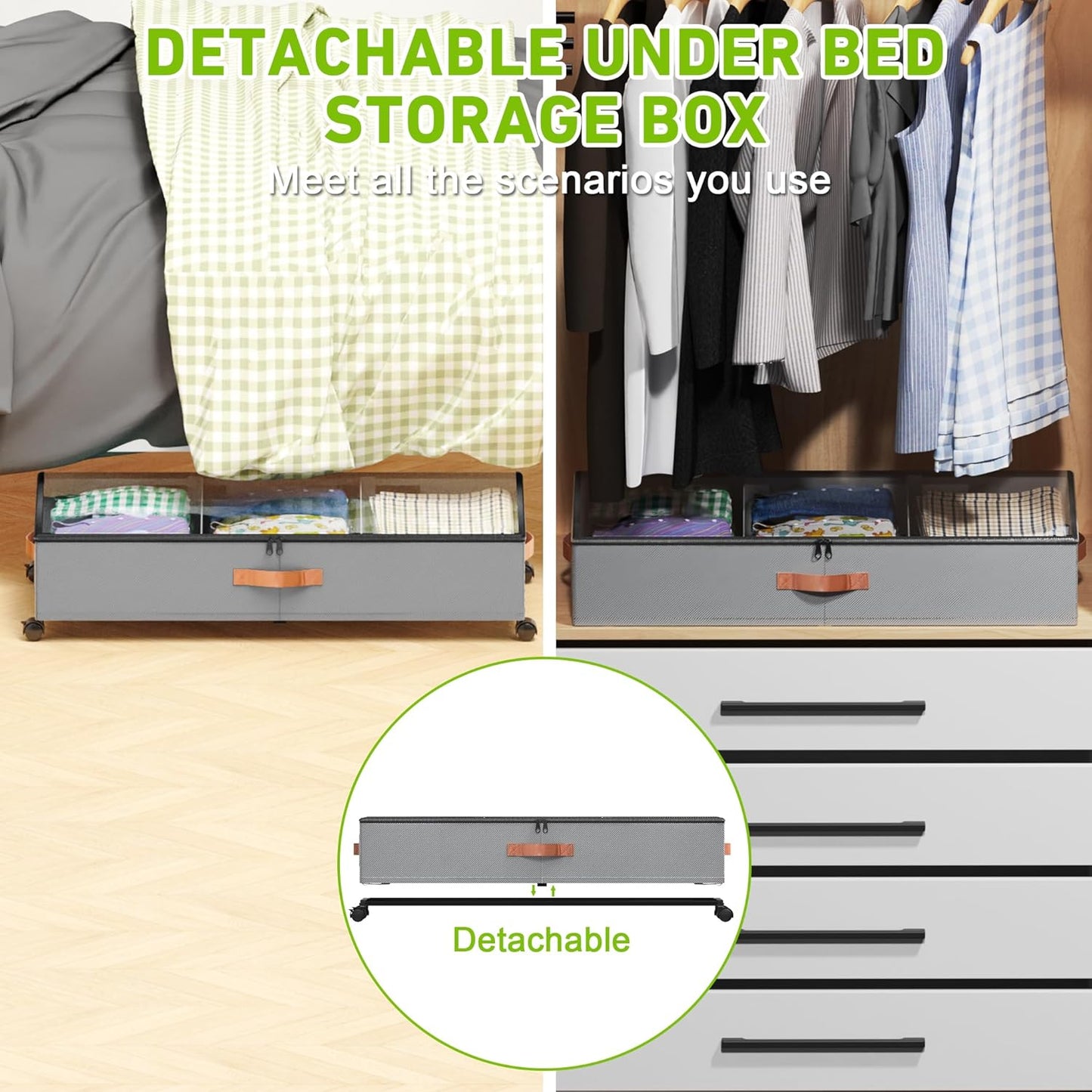 Under Bed Storage with Wheels, 4 Pack Under Bed Storage Container with Dividers & Clear Lids, Under the bed storage Organizer Bins,Underbed Storage with Wheels for Clothes,Toys,Shoes (GREY)