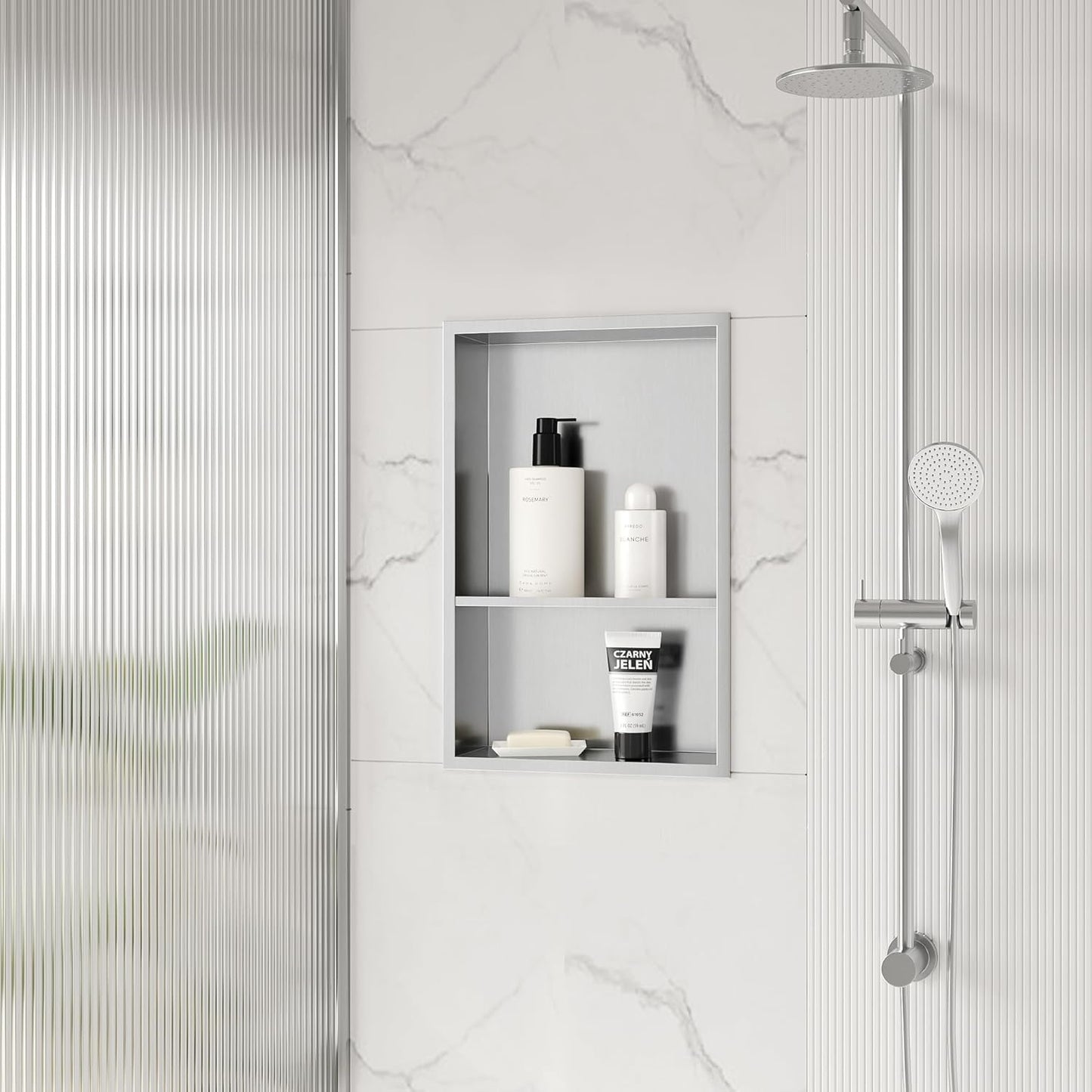 Stainless Steel Shower Niche 18" X 12", No Tile Needed Wall Niche Double Shelves, Recessed Shower Shelf for Bathroom Storage, Brushed Nickel