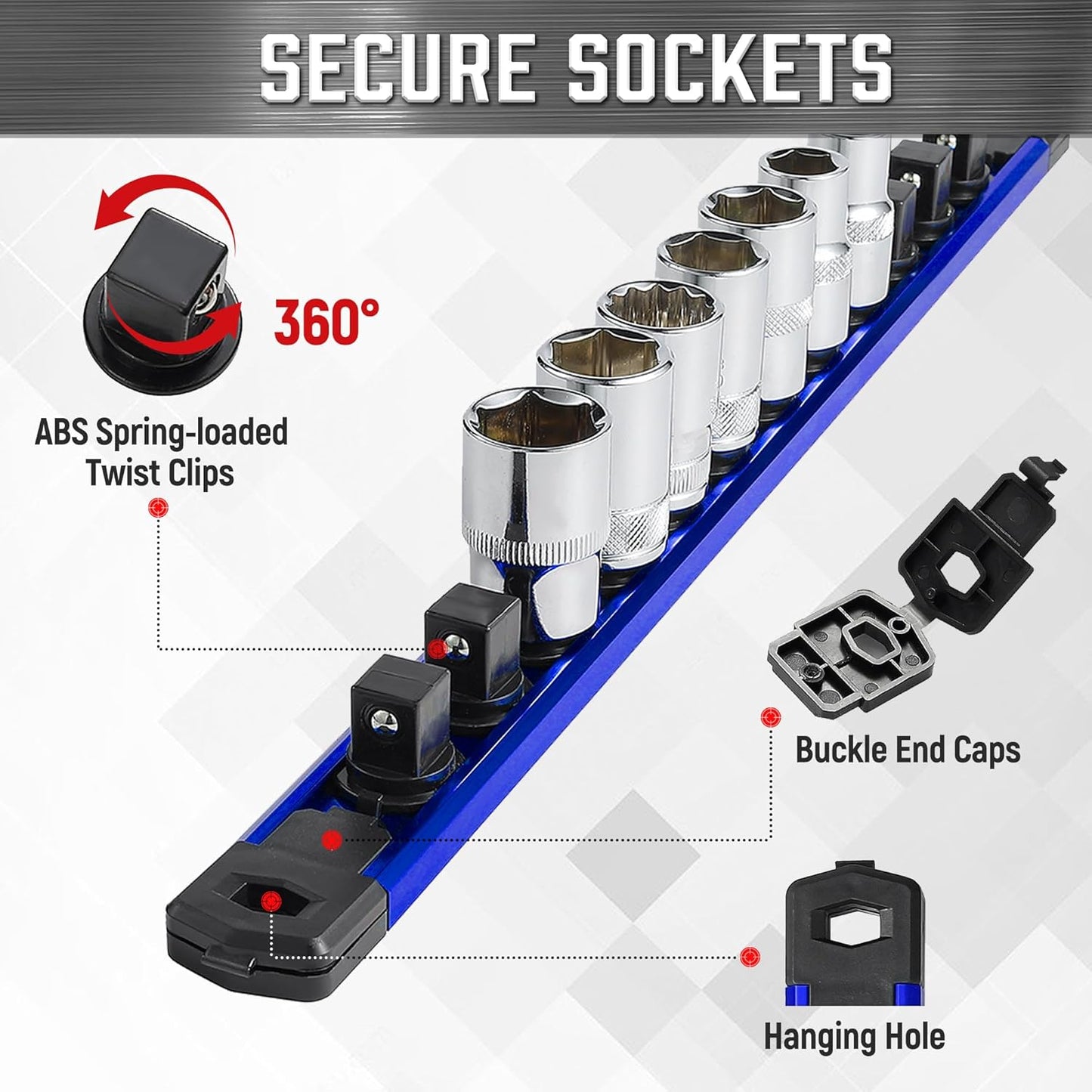 ALOANES 3-Piece Magnetic Socket Organizer, Heavy Duty Aluminum Socket Rails Organizer, 360° Swivel Clips Socket Holder Kit for Tool Box, 1/2-Inch Socket Holder x 36 Clips (Blue)