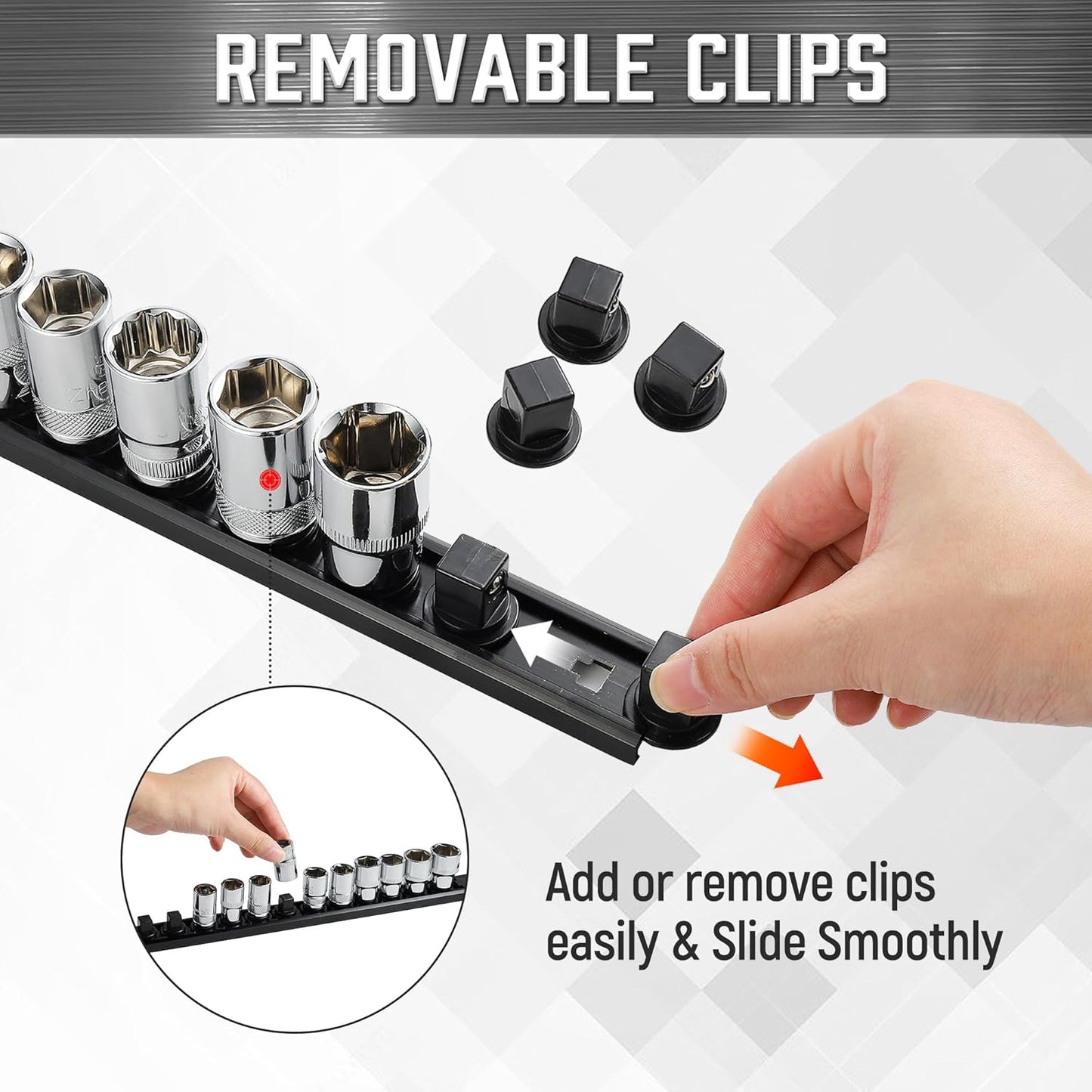 ALOANES 3-Piece Magnetic Socket Organizer, Heavy Duty Aluminum Socket Rails Organizer, 360° Swivel Clips Socket Holder Kit for Tool Box, 1/4-Inch Socket Holder x 42 Clips (Black)