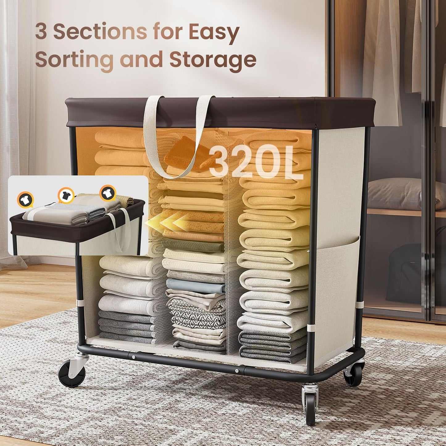 320L Laundry Basket with Wheels, 3-Section Rolling Hamper for Laundry, Extra Large Laundry Hamper with Wheels, Clothes Hamper Rolling Laundry Basket for Home, Bathrooms and Dorm(Beige)