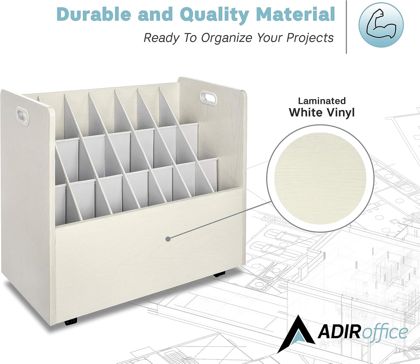 AdirOffice Adir Blue Print Storage Organizer - Mobile Roll File Cart, Construction Plan Holders, Blueprint Cabinet with Wheels, Roll Files Storage for Office and Home (21 Slots, White)