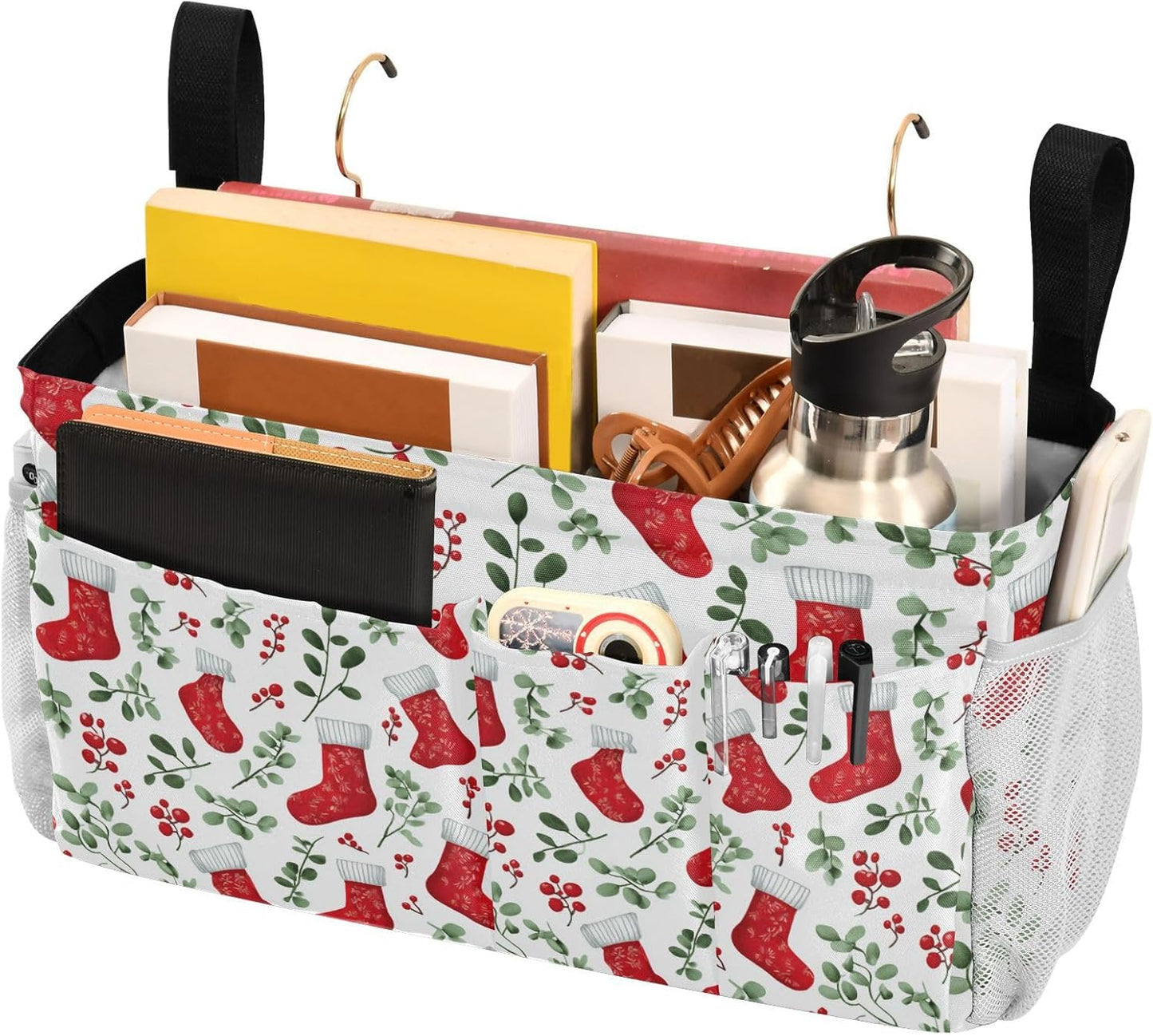 Red Stockings Holly Christmas Bedside Caddy for Dorm Bed Bedside Hanging Caddy Bag Iron Frame Storage Organizer Pocket for Bunk Home College Hospital Beds 2 Hooks