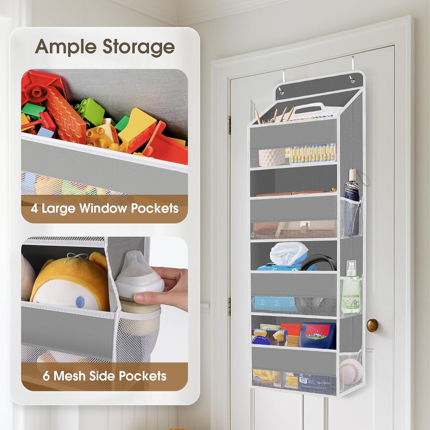 1 Pack Over The Door Organizer, Hanging Storage Organizer with Clear Window, 40lb Ultra Sturdy Large Capacity Room Organizer for Pantry Laundry Bathroom Nursery Closet Baby Essential (Grey)