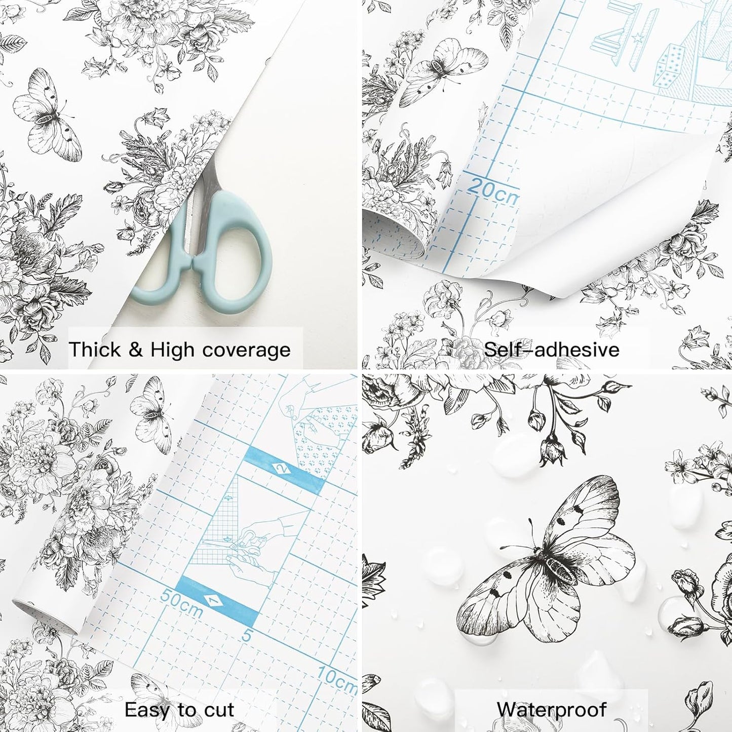 17.7In X 197In Self Adhesive Shelf Liner for Kitchen Bedroom Cabinets Dresser Drawer Liner Floral and Butterfly Waterproof Vinyl Rolls