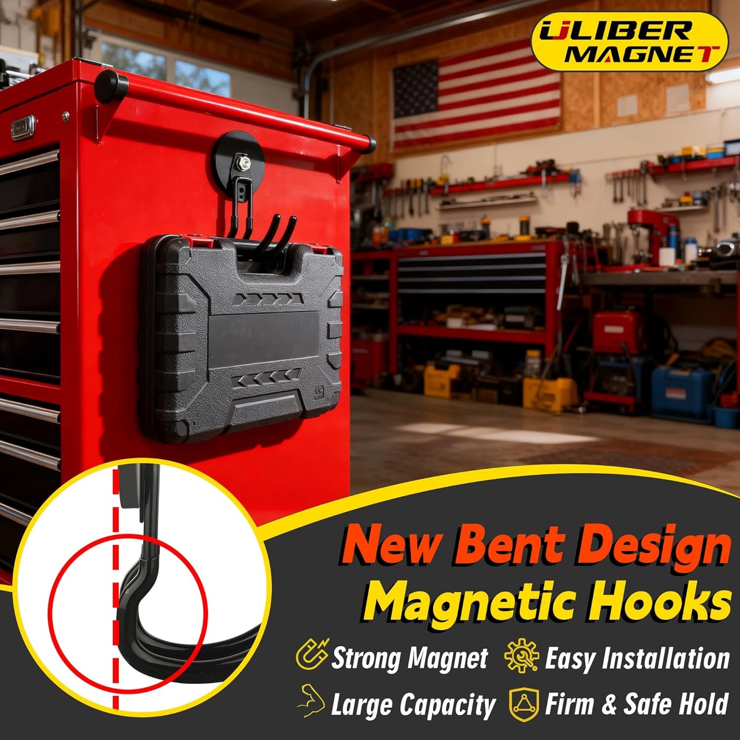 ULIBERMAGNET New Upgraded Extra Large Magnetic Hooks,2 Pack Heavy Duty Ultimate Magnetic Hooks for Metal Cabinet,Pegboard,Garage Shelve,Tool Shed,RV,Shipping Containers (Black/3.46inch)