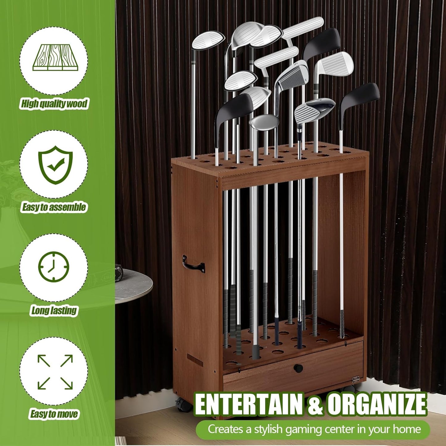 27 Hole Golf Club Stand Holder Wooden Golf Club Organizer Putter Display Rack with Storage Drawer and Wheel for Indoor Home Office Simulator Garage