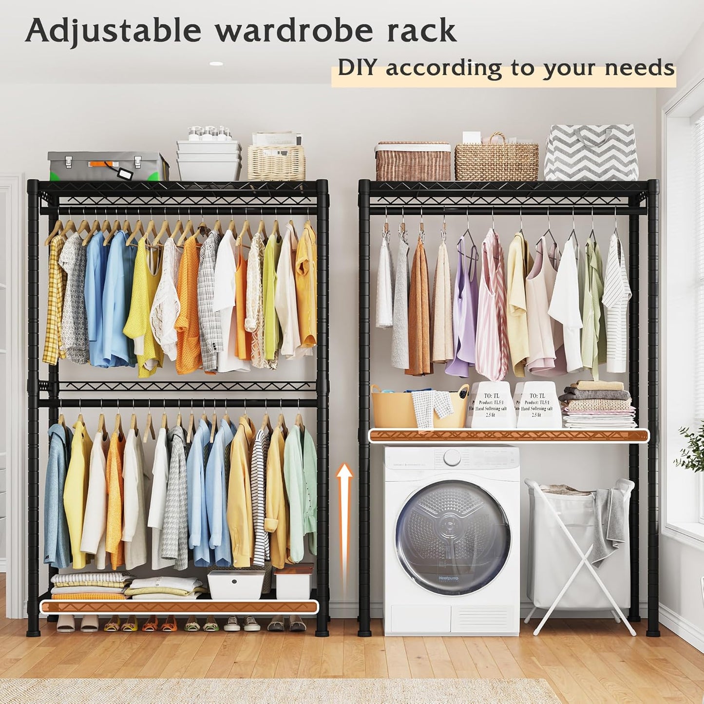 Raybee Clothing Rack with Wheels,Clothes Rack for Hanging Clothes,Portable Closet,2 Shelves,Black