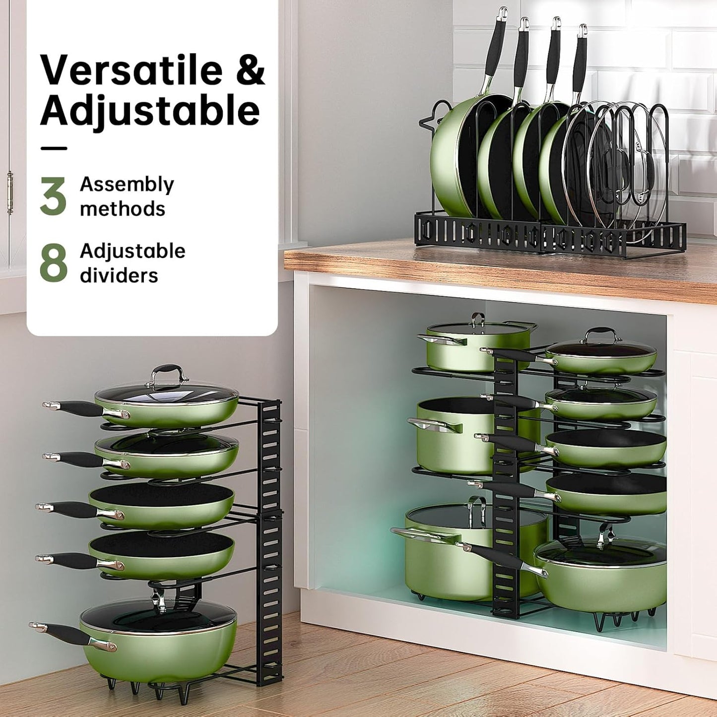 MUDEELA Pots and Pans Organizer Rack for under Cabinet, 8-Tiers Adjustable Pot Rack with 3 DIY Methods, Expandable 11.65'' to 19" Pot Lid Organizer for Kitchen Pantry Cabinet Organization and Storage