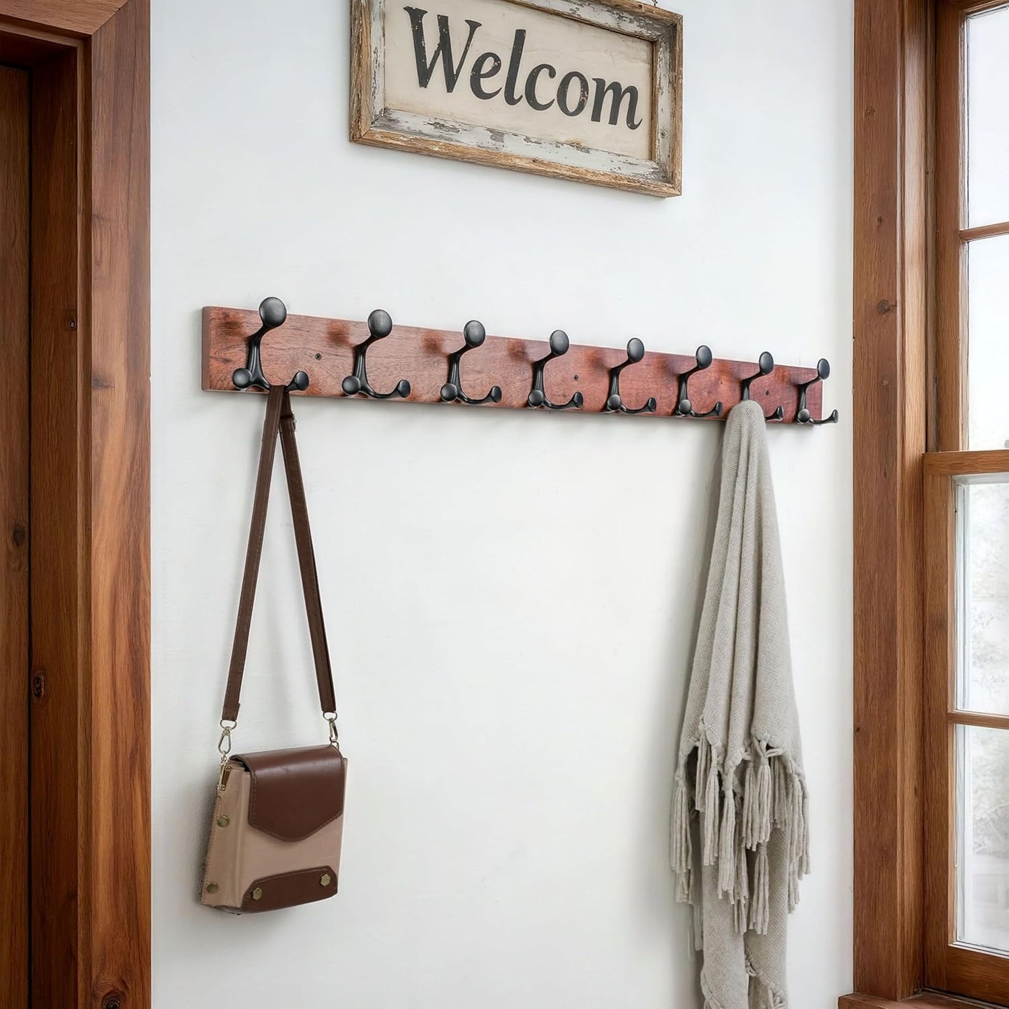 SKOLOO 43-Inch Wood Coat Rack Wall Mount with 8 Triple Hooks - Ideal for Family Entrances, Classrooms, and Pet Supplies Storage - Perfect Coat Hooks for Wall,Mahogany (Sapele)