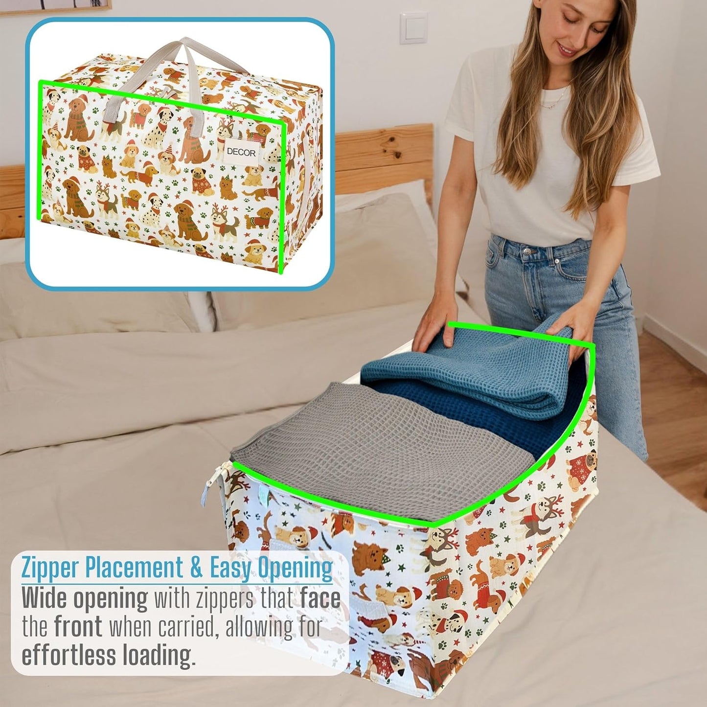 VENO 2 Pack Moving Bags and Large Christmas Decoration Storage Bins with lids. Alternative to Moving Boxes, Packing Supplies for College. Heavy Duty Totes (Holiday Pups, 2 Pack)