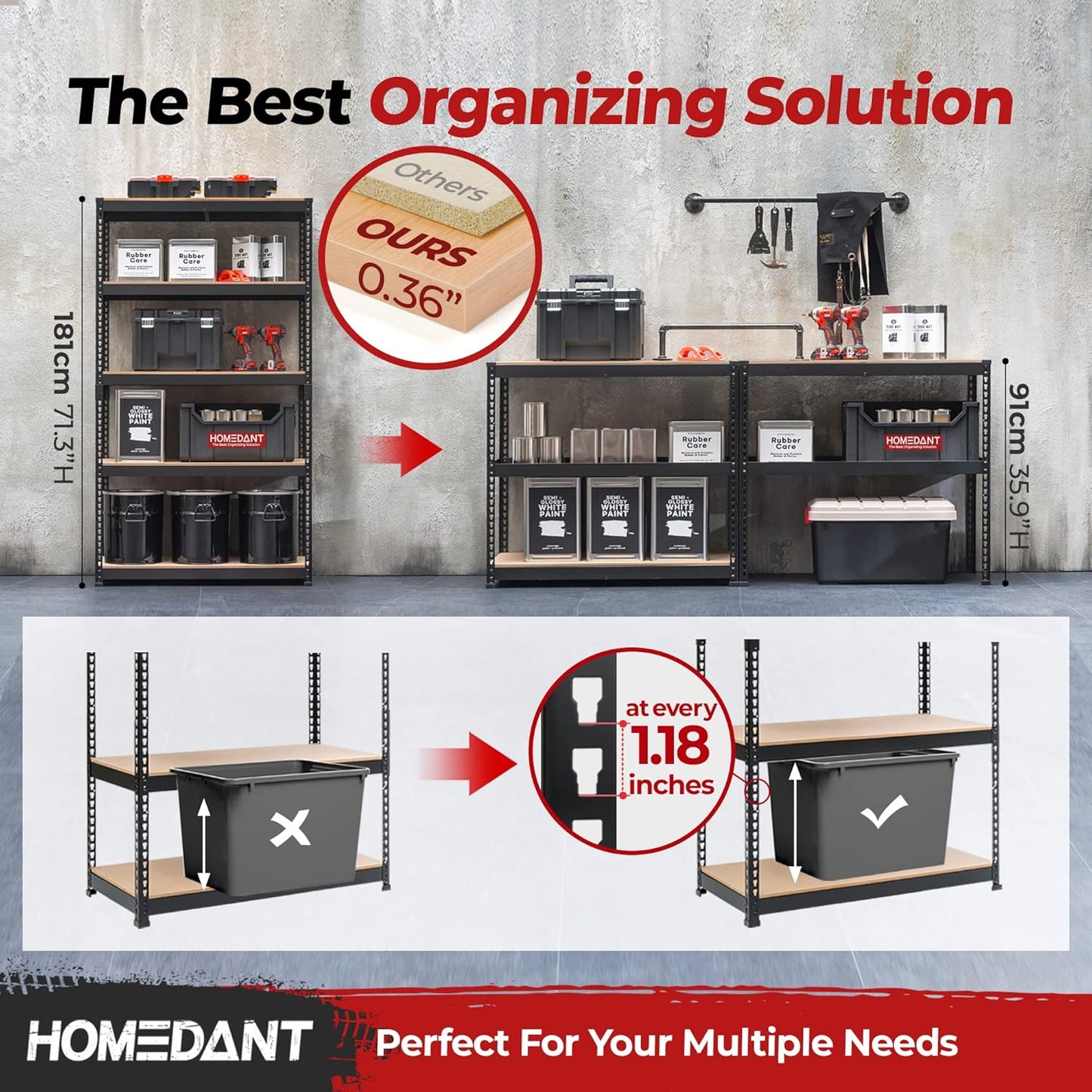 HOMEDANT 5-Tier Laminated Boltless Heavy Duty Metal Shelving Unit Adjustable Garage Storage Utility Rack Shelves Organization Multipurpose Shelf Warehouse Industrial (10, (L) 39.8" W, Black)