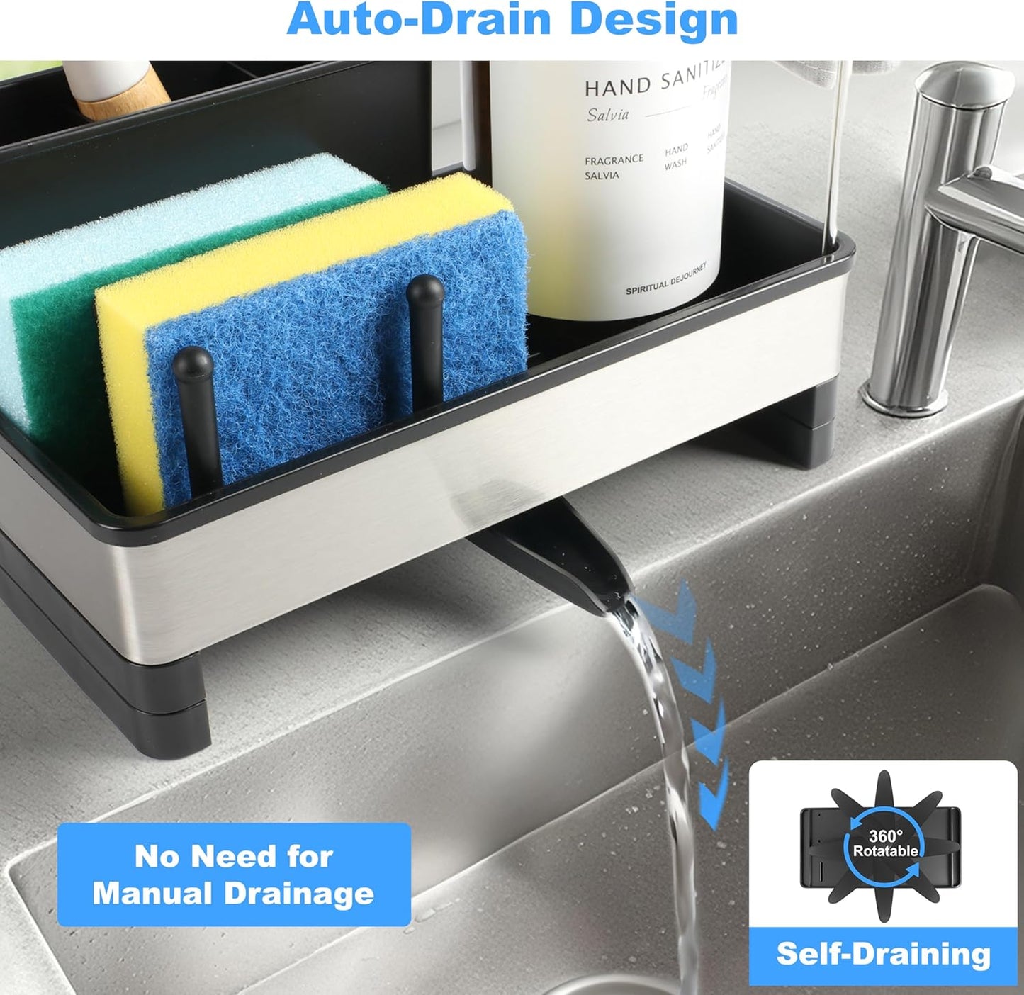 Kitchen Sink Caddy Organizer with Dish Brush Holder, Stainless Steel Sponge Holder with Dish Cloth Rack, Soap Sponge Caddy for Kitchen Countertop Sink Organizer and Storage Essentials