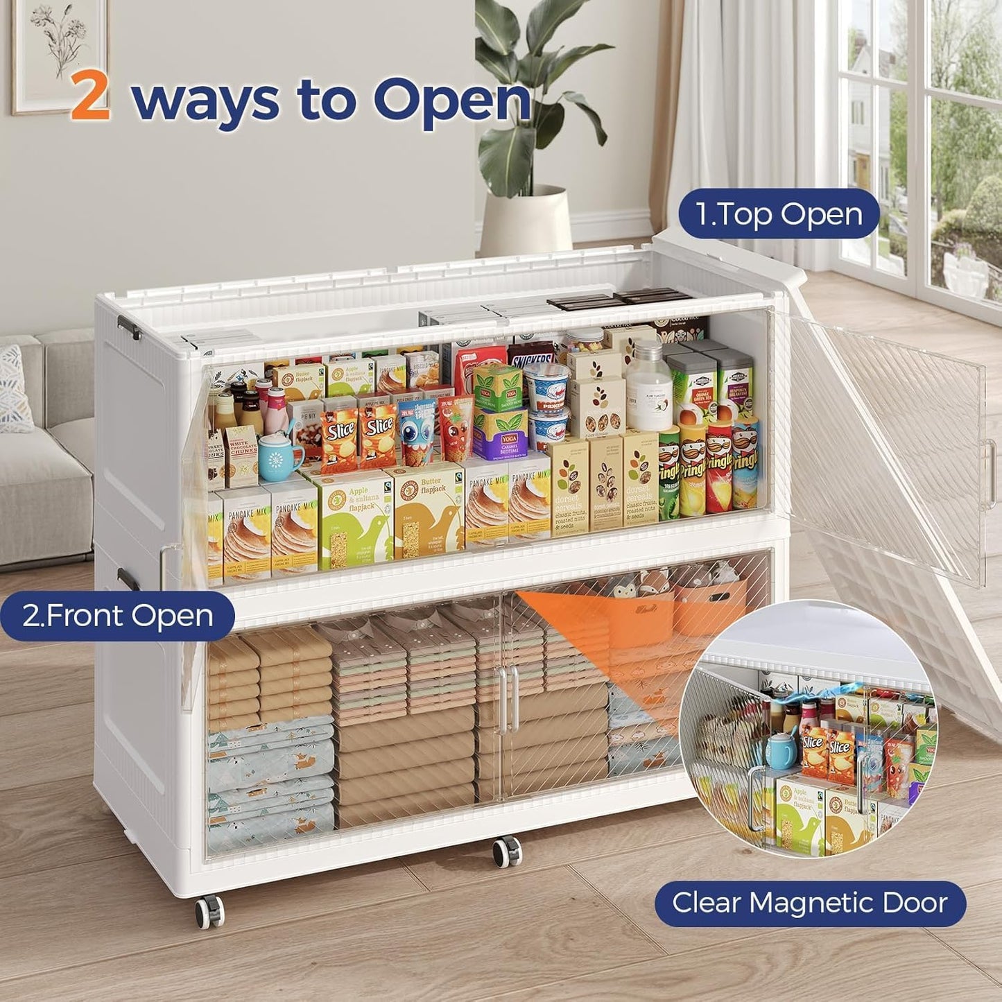 200GAL Extra Large Storage Bins with Lid, 800QT Collapsible Organizer with Wheels, Stackable Closet Cabinet with Doors, Folding Storage Containers for Home, Office, Kitchen, 4Pack White