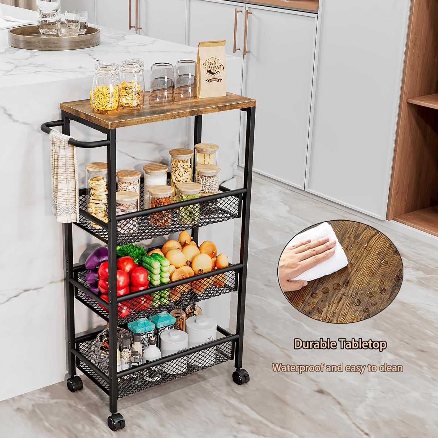 AZERPIAN Slim Rolling Cart 4 Tier Narrow Storage Cart on Wheels with MDF Board Top and Metal Handle for Small Space Kitchen Living Room Bathroom Laundry Room (16.38 x 9.06 x 30.31inch)