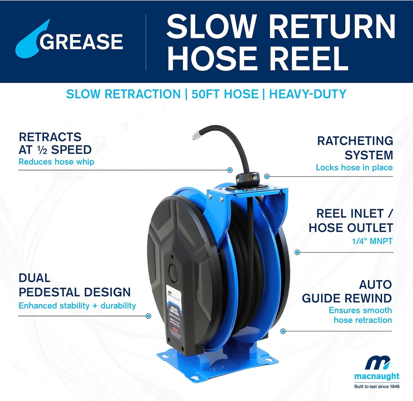 Macnaught M3 Slow Retraction Grease Safety Hose Reel 1/4” x 50 ft, Heavy Duty, Dual Pedestal, 5800PSI