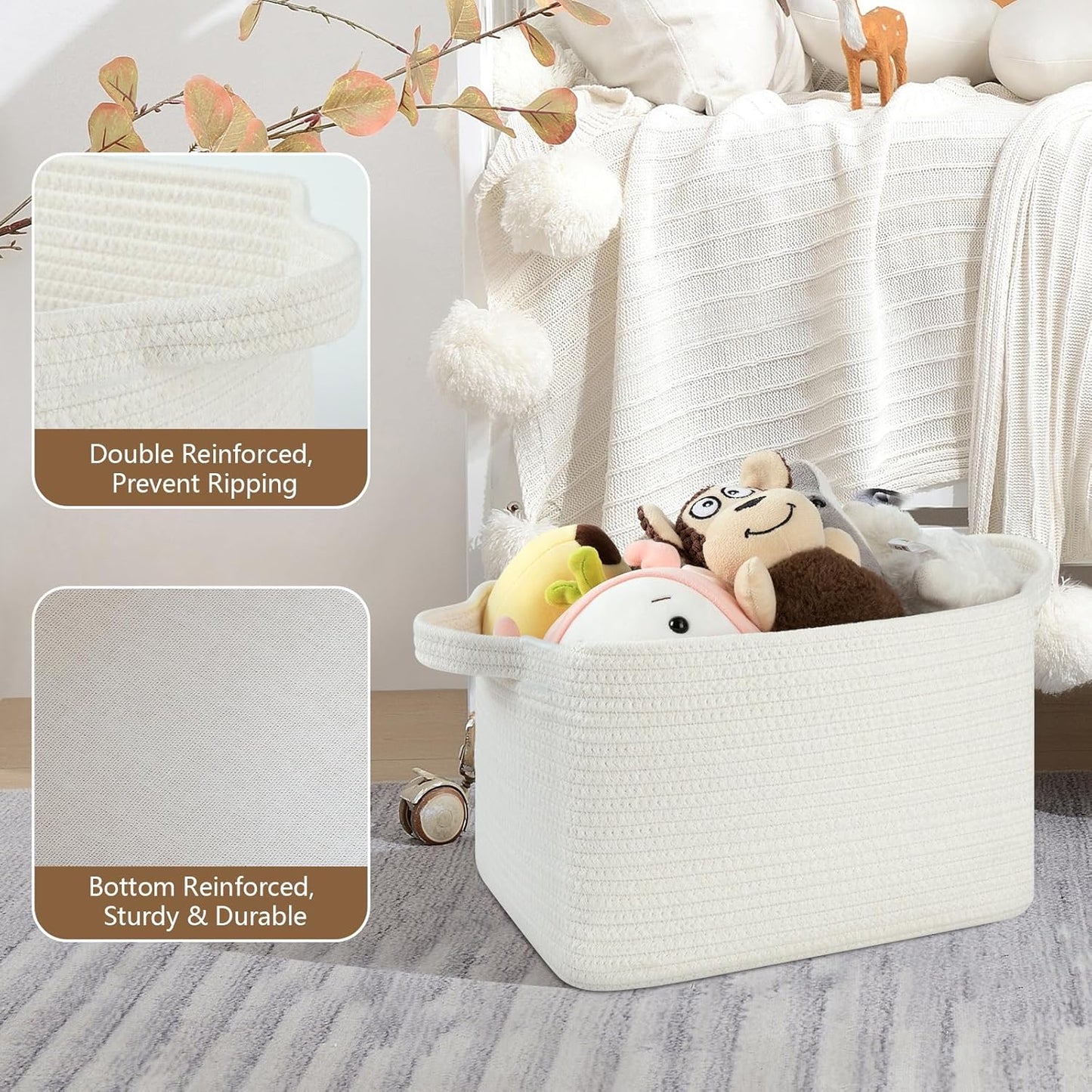 Storage Baskets for Organizing, Woven Baskets for Shelves, Rectangle Decorative Organizer for Storage Clothes, Toy, Books, Towels Nursery Bins 3 Pack (White, 13"x9.85"x8.7")