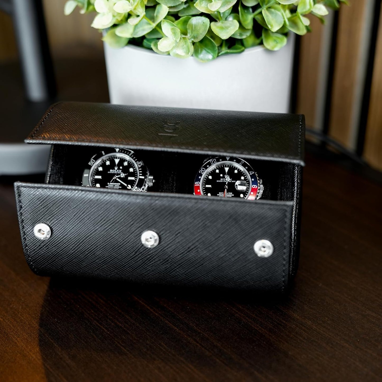 DailyWatch | Watch Roll Travel Case For 2 Watch | Luxury Watch Case In Genuine Saffiano Black Leather With Soft Velvet Interior | Watch Case Protect, Store, & Display Your Watches | All Black