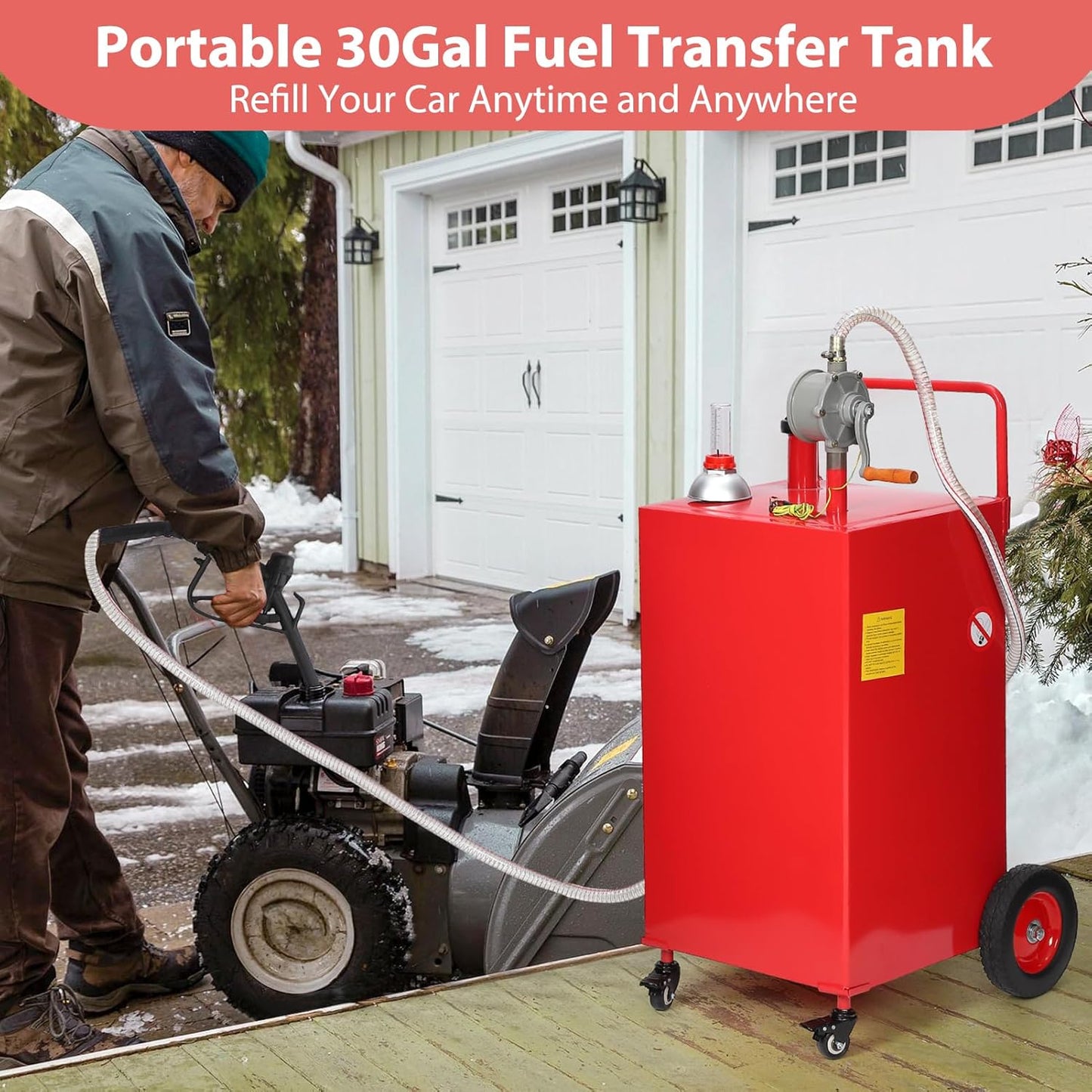 30 Gallon Gas & Diesel Fuel Caddy with Transfer Pump – Mobile Fuel Storage Tank with 4-Wheel Cart for Boats, Lawn Mowers, Snowblowers, Motorcycles & Construction Equipment - Red