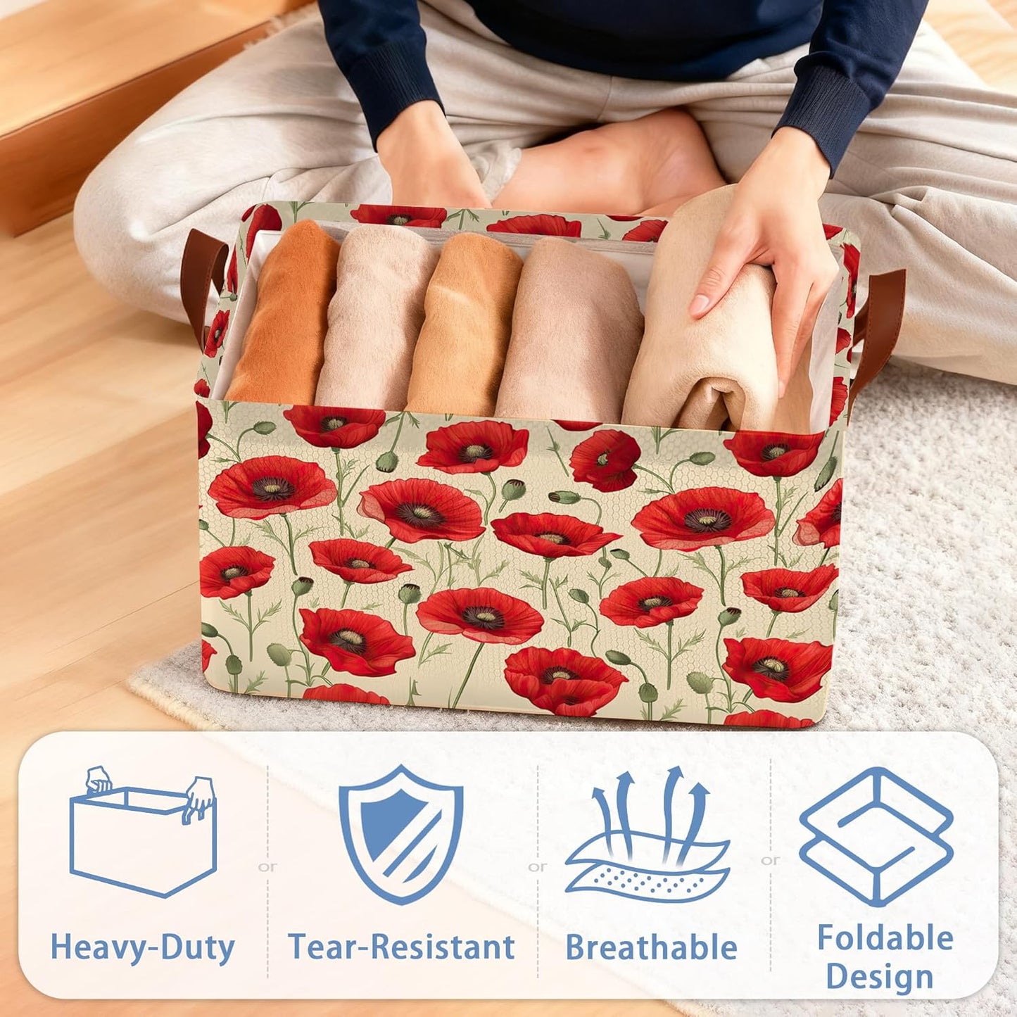 Vintage Poppy Flower Storage Baskets,Foldable Large Capacity Organizer Bins with Waterproof Lining and Leather Handles for Closet,Shelf,Bedroom 17x11.5x10Inch