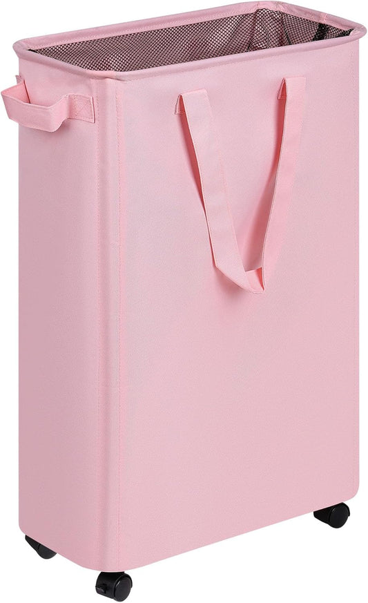 efluky Slim Laundry Hamper with Wheels, Rolling Laundry Basket for Clothes, Small Laundry Basket for Bedroom, Dorm and Laundry Room, 60L (12.7 Gallons) Pink