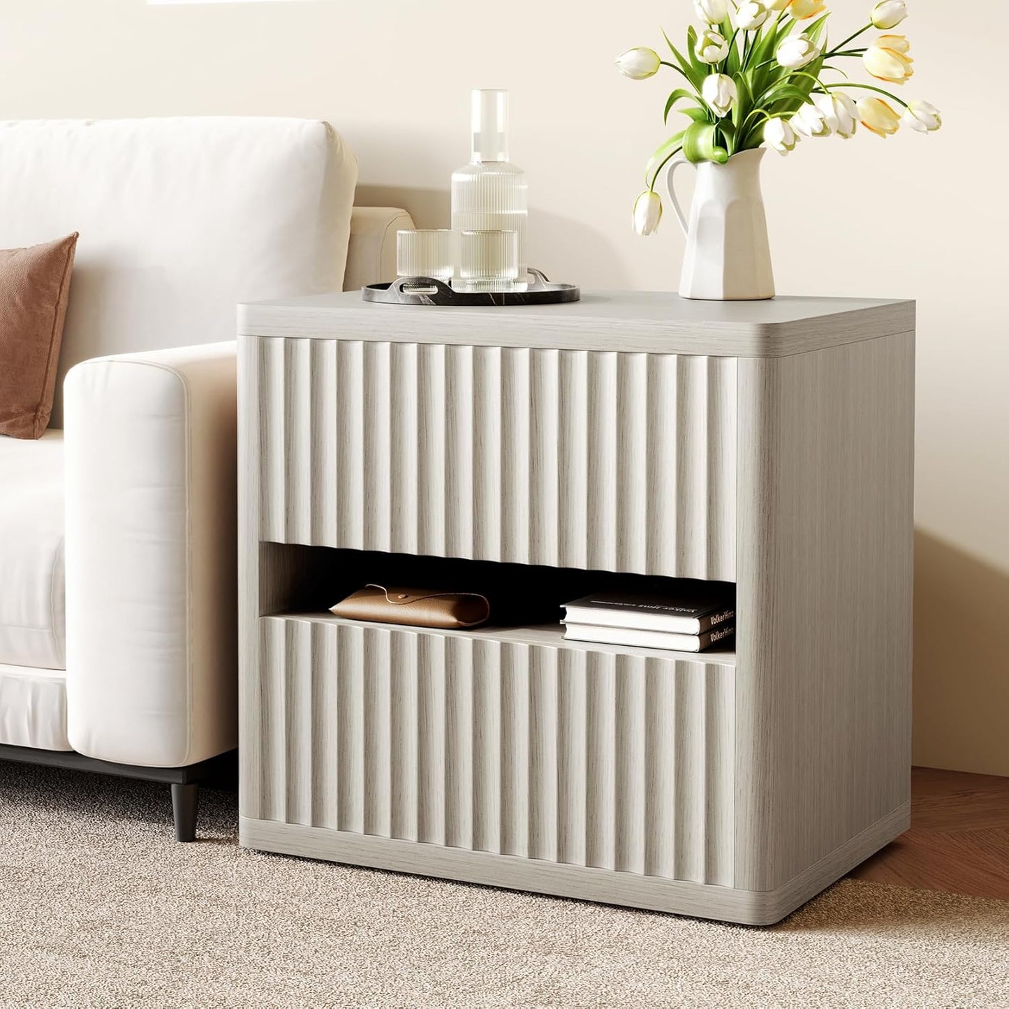 Dripex Fluted Nightstand Set of 2 with Drawers Storage, Large Wide Wood Night Stand Bedside Tables for Bedroom, Mid-Century Modern Bed Side Table, End Tables for Living Room Sofa Couch, Gray Oak