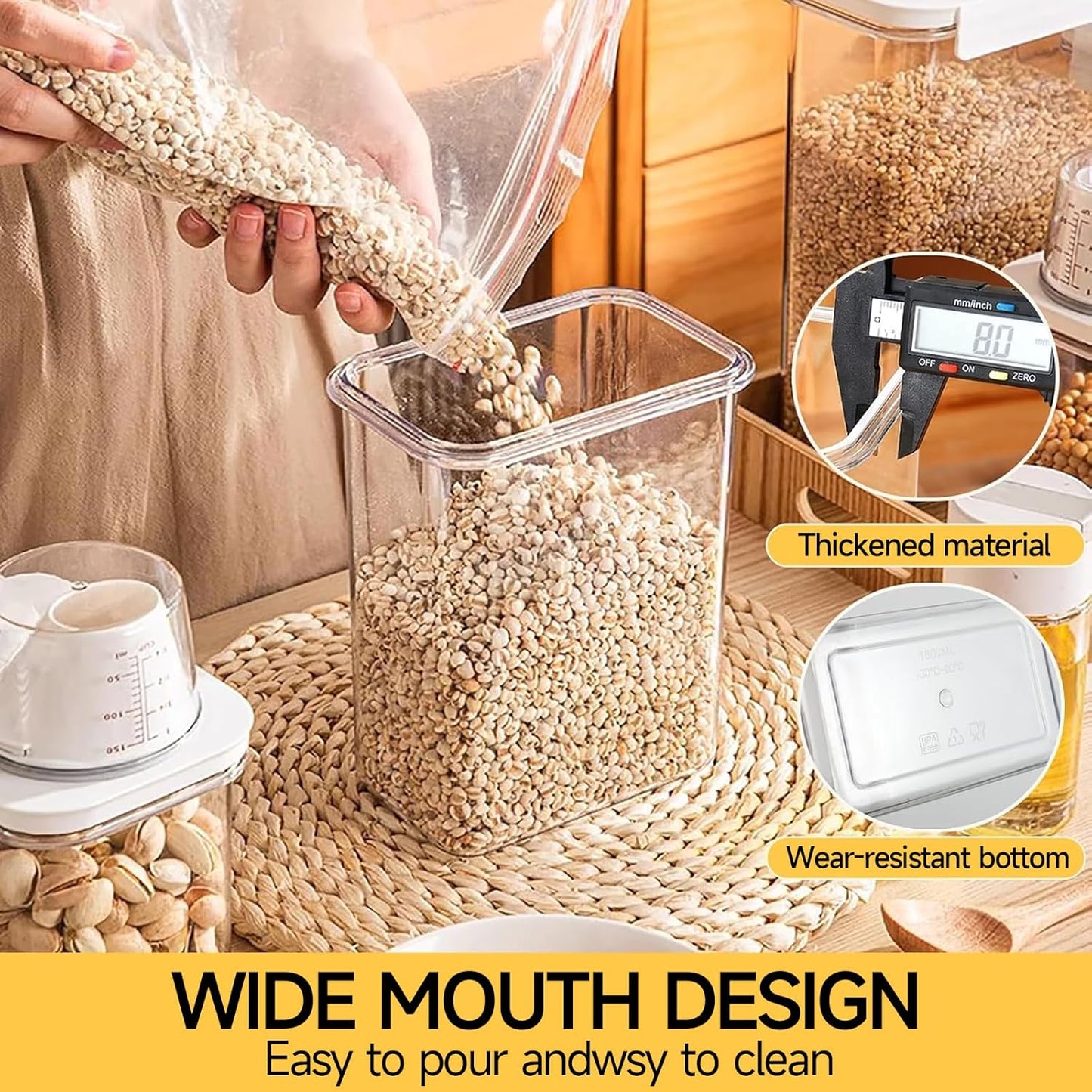 Storage Cereal Organizers Containers Sets,Food Grade BPA free PET Material Reusable，Airtight food storage containers with lids， kitchen organizers and storage Total(2 pcs 2300ml 2 pcs 1100ml)