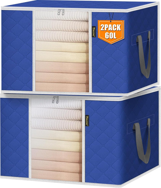 BALEINE 2 Pack Clothes Storage Bags, 16 Gallon Storage Containers with Reinforced Handle, Sturdy Zipper, Closet Organizer for Blanket, Comforter, Pillow, Bedding (Blue, 2 Pack)