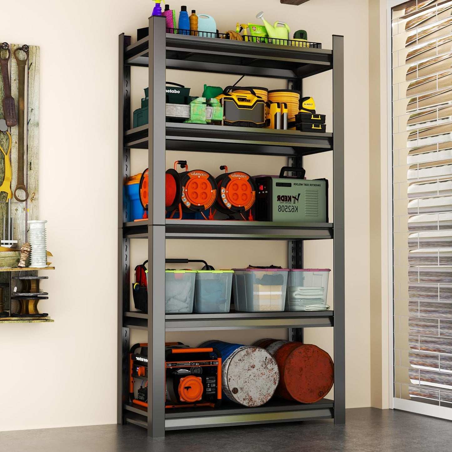 Storage Shelves, Garage Metal Shelving Unit, Adjustable, Double-Layer Column with Reinforced Ribs, Heavy-Duty, Capable of Bearing 600-3600 lbs (Black, 77 * 45 * 18, 5-Tier)