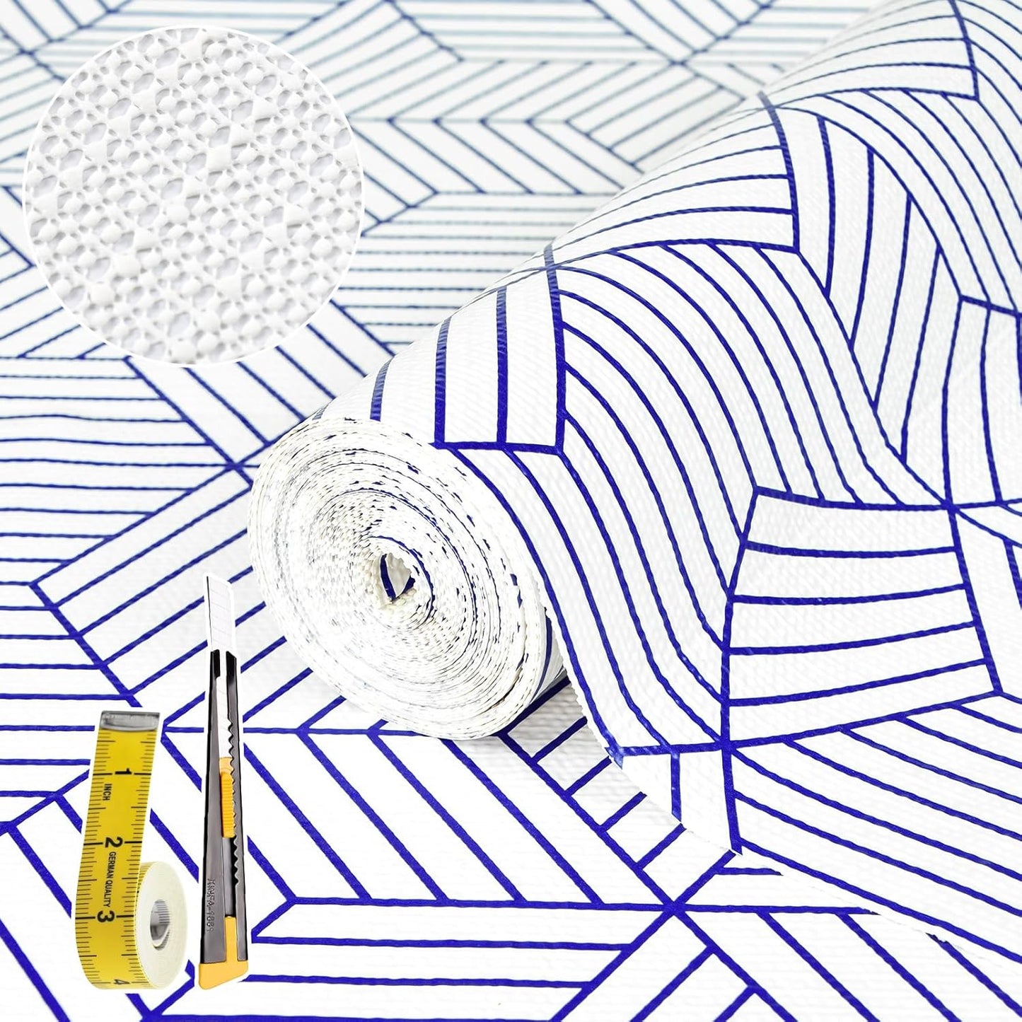 Shelf Liners for Kitchen Cabinets 12in x 20FT, Non Adhesive Cabinet Liner Strong Non-Slip White and Blue Geometric Drawer Liner, Easy to Clean for Shelf, Cabinet with Knife and Tape Measure