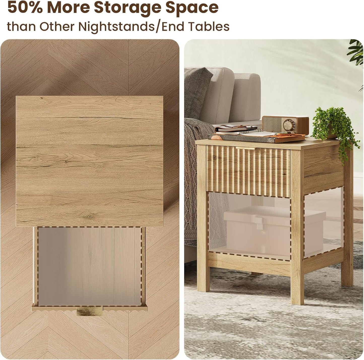 Fluted Night Stand with Golden Handle,Mid-Century Nightstands with Drawer,Modern Bedside Table with Storage Shelf,Large End Tables for Livingroom,Bed Side Tables for Bedroom,Natural Oak