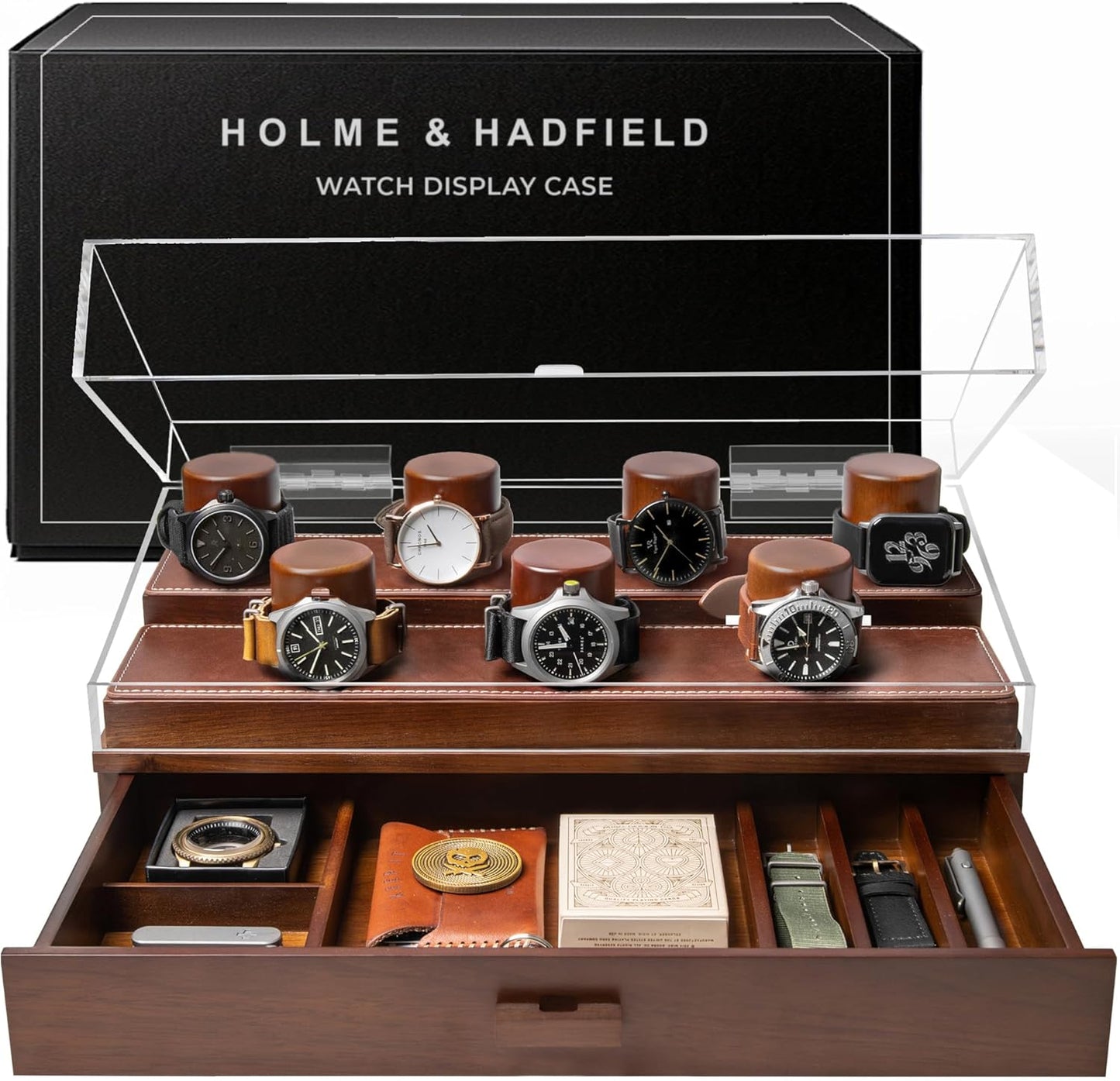 Premium 7 Slot Watch Box for Men - Large Wooden Watch Display Case with Hinged Cover, Leather Lining & Drawer - Watch Holder Organizer Stand - Handcrafted Luxury Christmas Gift for Men