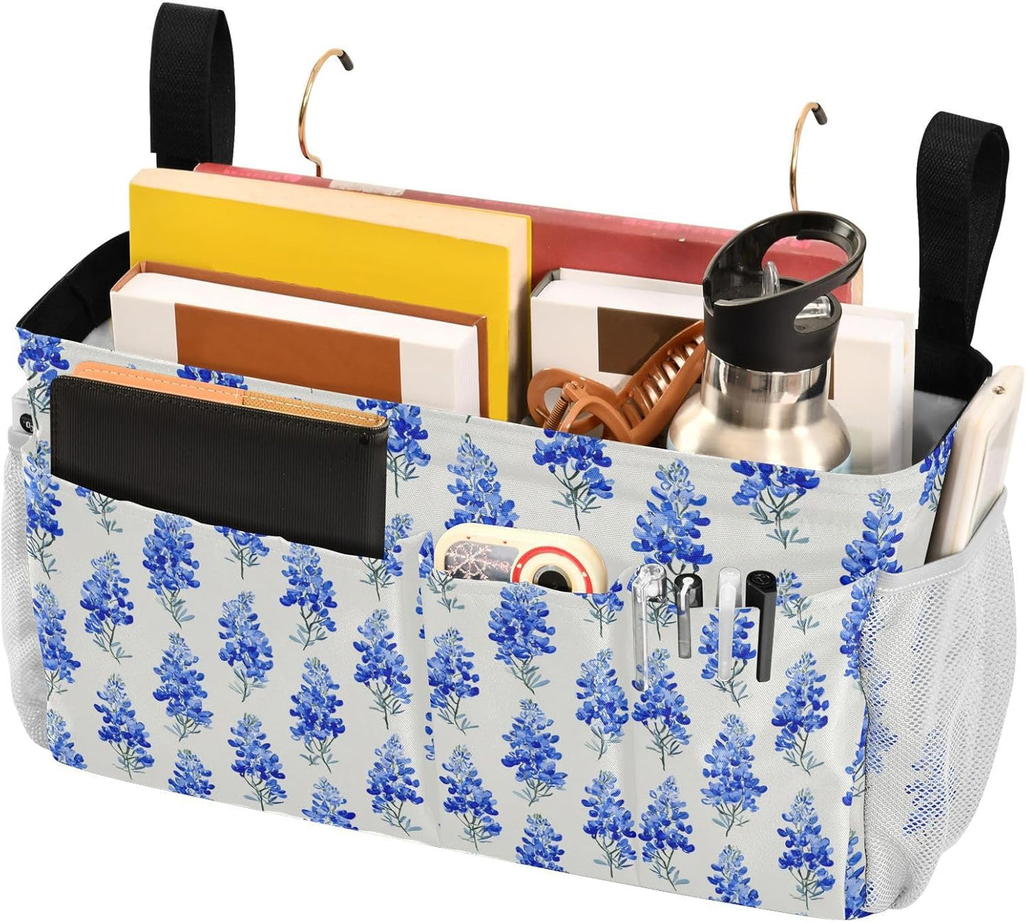 Watercolor Bluebonnets Bedside Caddy for Dorm Bed Bedside Hanging Caddy Bag Iron Frame Storage Organizer Pocket for Bunk Home College Hospital Beds 2 Hooks