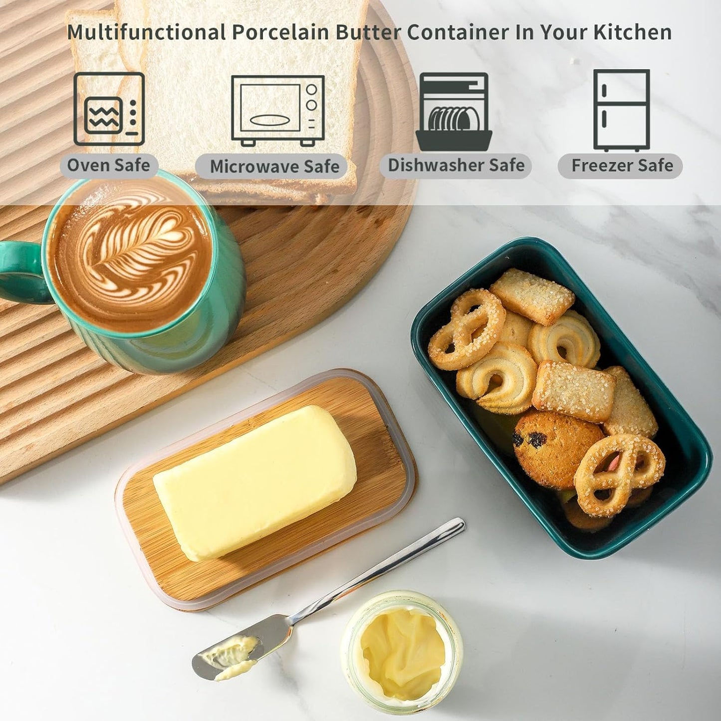 Hasense Ceramic Butter Dish with Lid, Large Butter Container for Countertop Airtight Butter Stick Covered Keeper, Embossed Pattern,Easy Clean Dishwasher Safe, Green