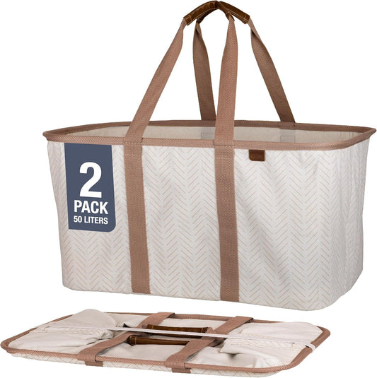 CleverMade Collapsible Laundry Tote - LUXE Cream Herringbone 2Pack 50L -Foldable Storage Organization Container Clothes Laundry Room Storage Solution